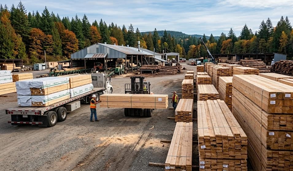 Trucks loading reclaimed lumber for transportation and delivery