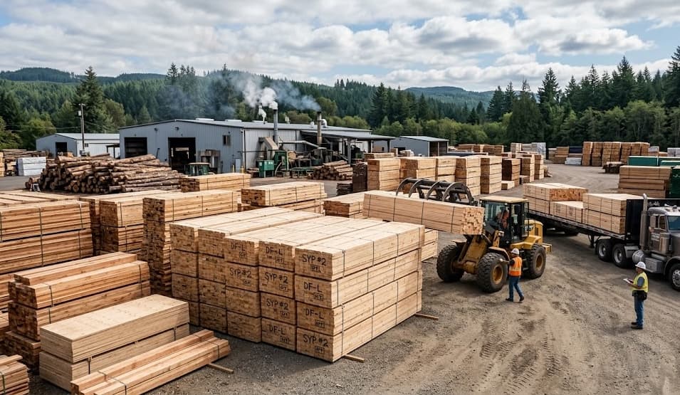 Lumber processing and milling facility with heavy equipment